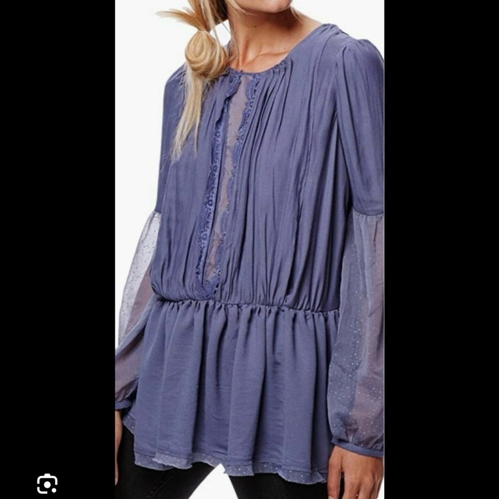 Free People Grayish Blue Boho Peplum Blouse Sheer Swiss Dot Sleeves Small - Picture 7 of 7